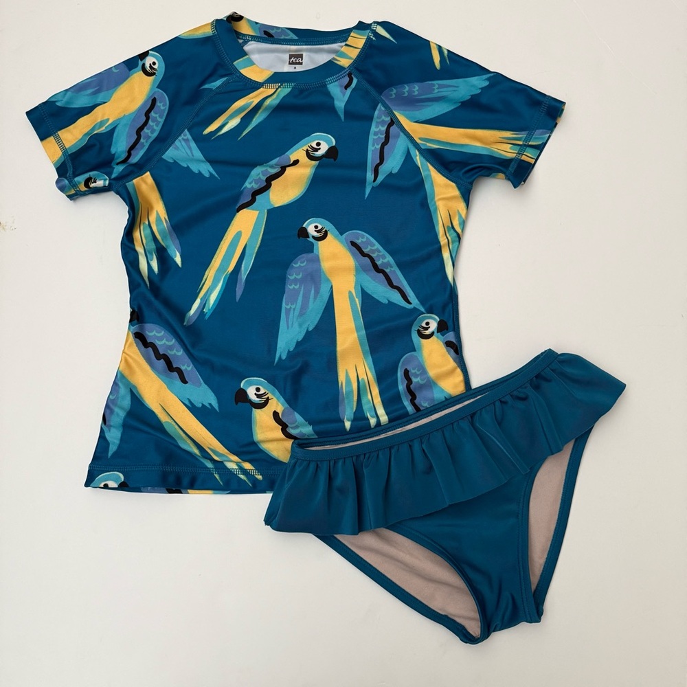 Tea collection Blue and Yellow Macaw rash guard and bottoms